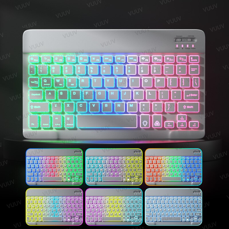 Teclado retroiluminado de arco iris para tableta, teléfono, portátil, español, ruso, portugués, inalámbrico, Bluetooth, para Xiaomi, Samsung: White 01