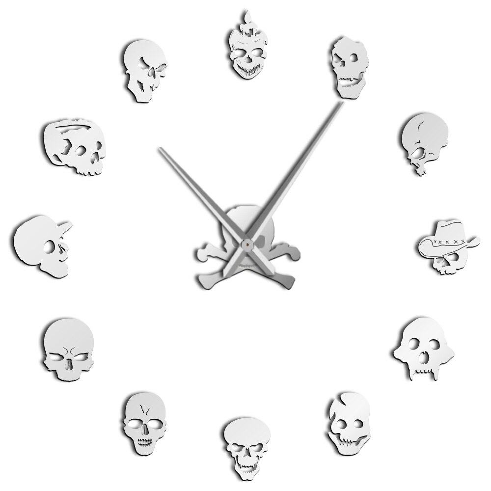 tot Skelett Schädel Selbst Klebe DIY 3D Riesen Wanduhr Verschiedene Schädel Köpfe Quarz Acryl Spiegel Aufkleber Halloween: Silber- / 47Zoll