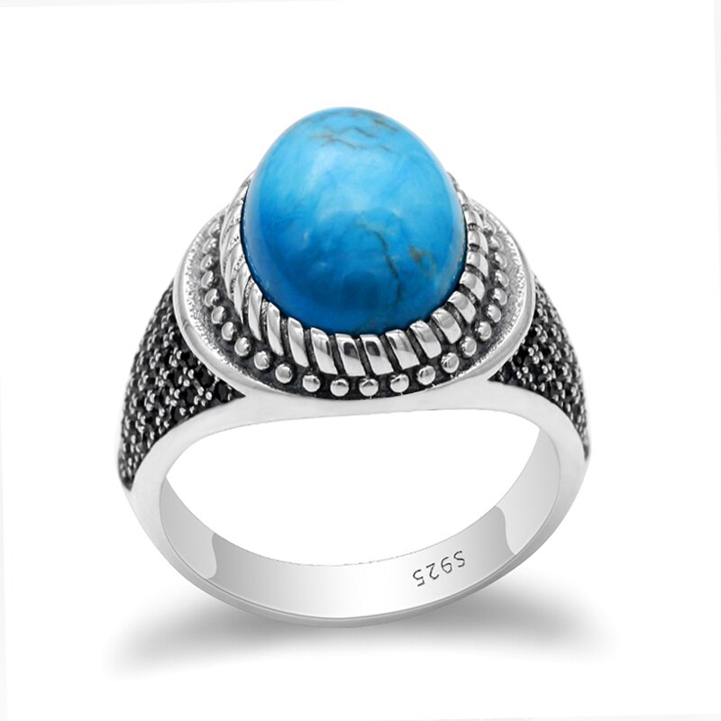 Echt 925 Sterling Zilveren Mannen Ring Met Blauwe Natuurlijke Turquoise &amp; Black Cz Steen Vintage Thai Zilveren Ring Voor Mannelijke turkse Sieraden