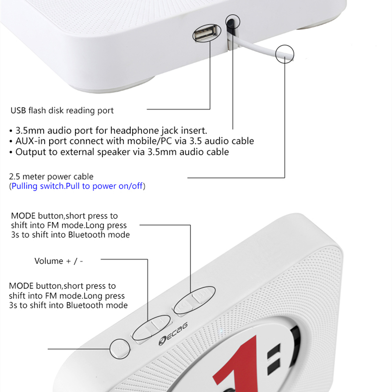 KC-808 Portable CD Player Wall-mounted Bluetooth MP3-CD Player Surround Stereo Music Player Built-in Speaker Home