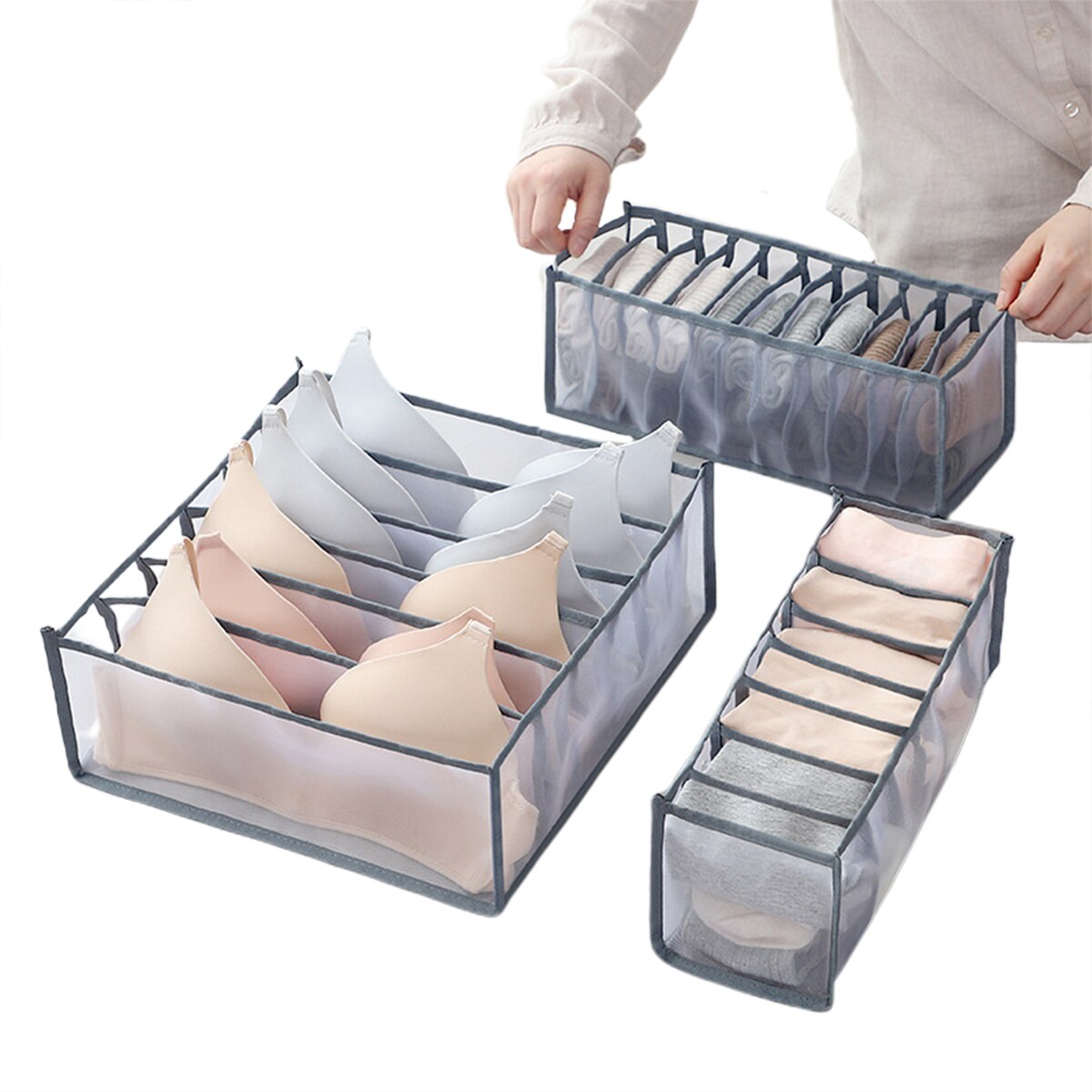 3 Pieces Storage Box Multipurpose Household Storage Box Commodity Shelf for Underwear Socks White/Gray