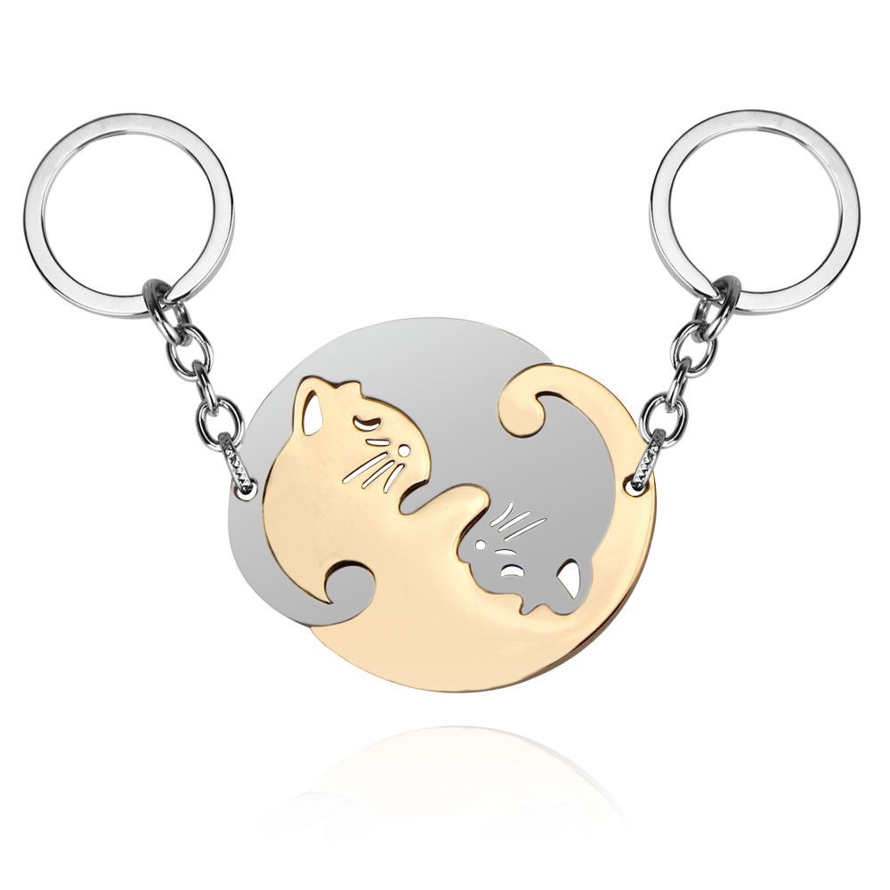 1 Pair Creativity Cute Stainless Steel Cartoon Cat Keychain Couple Animal Matching Key Ring Pendants Valentine Friendship: GRAY
