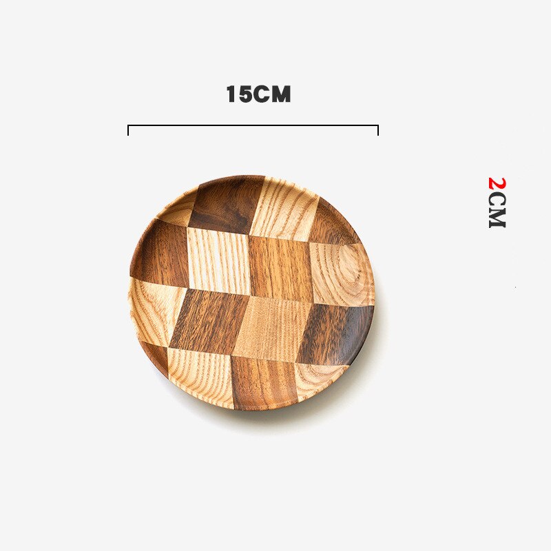Grid Pattern Solid Wood Pan Plate Fruit Dishes Saucer Tea Tray Dessert Dinner Bread Wood Plate: 15CM