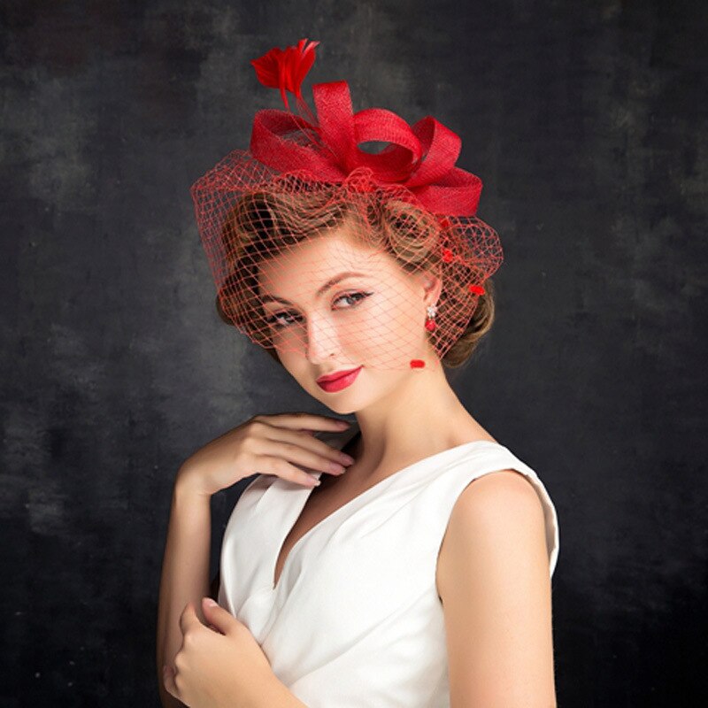 Red Wedding Birdcage Veil Face Veils Bow Net Mesh Bridal Veils Fascinator Red Veil Velo De Rejilla Accesorios De Boda