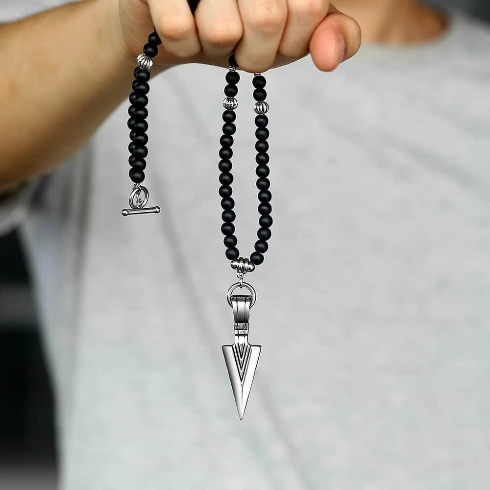 Collier homme Unique argent acier inoxydable flèche pendentif mat noir verre perlé collier mâle bijoux directe DNM07