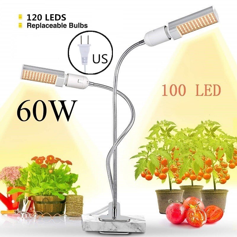 LED Plant Grow Lights Sunlike Full Spectrum 45W 50W 60W E27 Dual Head Flexible Gooseneck for Greenhouse flower Phyto lamp EU/US: 60W with US Plug