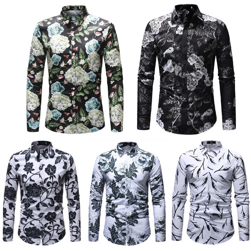 Mens Slim Fit Floral Shirt Casual Long Sleeve Dress Shirts Luxury Tops