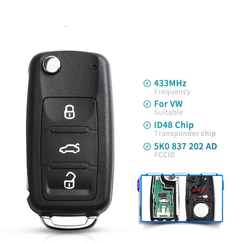 Dandkey-mando a distancia para coche, llave para VW/VOLKSWAGEN 5K0837202AD Beetle/Caddy/Eos/Golf/Jetta/Polo/Scirocco/Tiguan/Touran/UP 5K0 837 202 AD 202AD: 3 Buttons