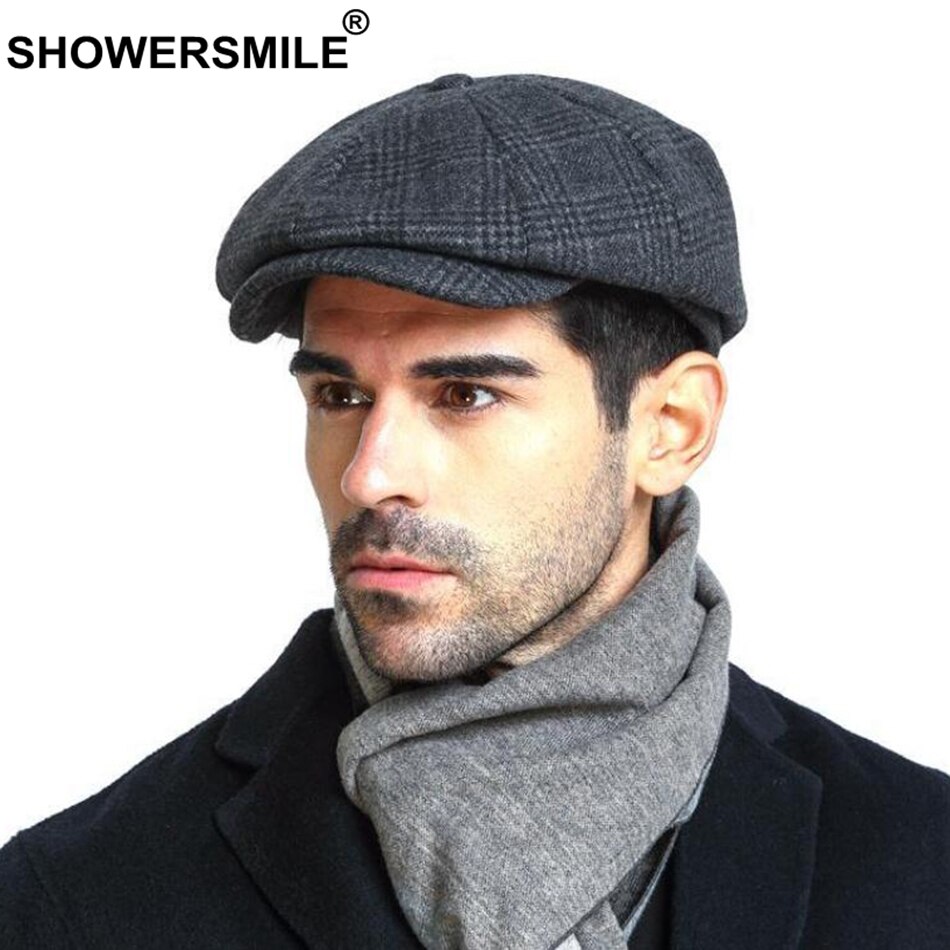 SHOWERSMILE Men Newsboy Caps Woolen Herringbone Flat Caps Coffee Retro Eight Piece Cap Male Vintage Autumn Winter Octagonal Hats
