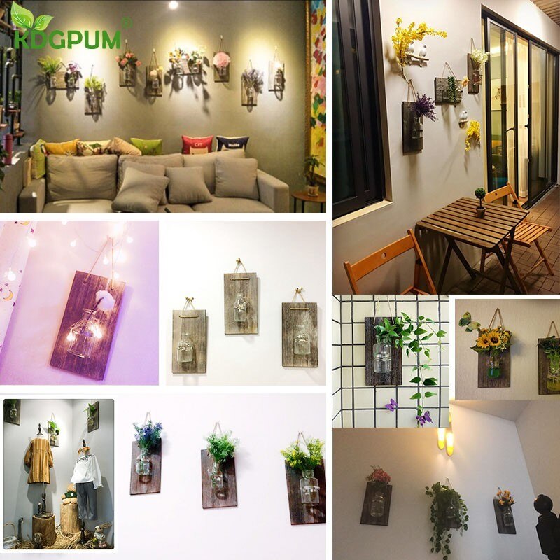 Glass and Wood Vase Terrarium Vertical Wall Hanging Hydroponics Plant Bonsai Flower Pot Planter 3 Choices Available Home Decor