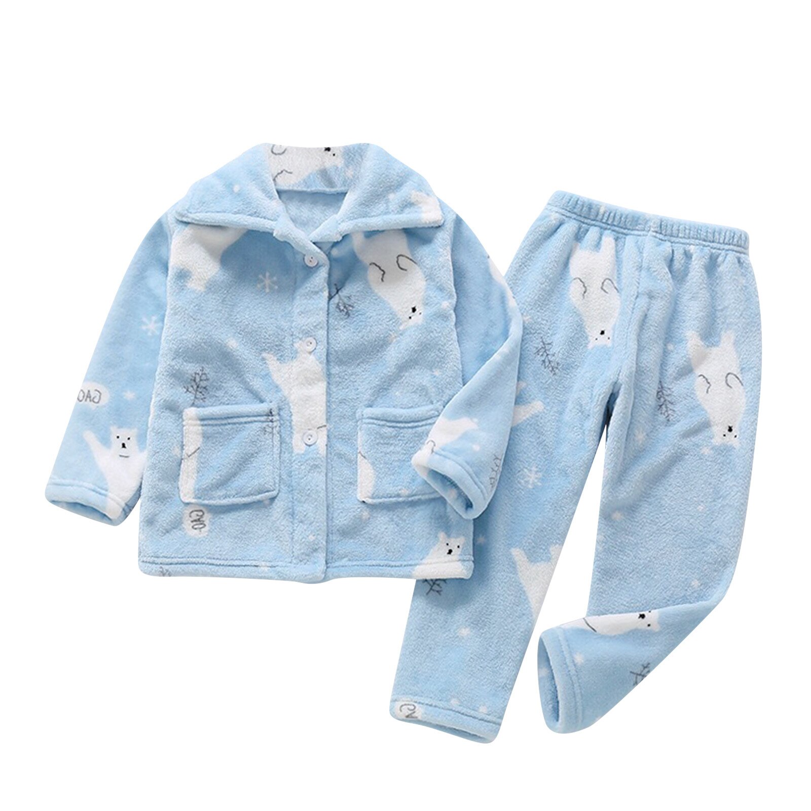 Kinderen Pyjama Set Peuter Baby Jongen Meisje Cartoon Warm Houden Gedrukt Revers Lange Mouwen Schattige Pyjama Flanellen Pyjama Kleding: Blue  / 8