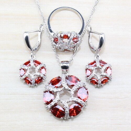 Bedel rode granaat bruids zilverkleur dames kostuum sieraden sets oorbellen ketting ring maat 6/7/8/9/10: Lichtgele kleur / 7