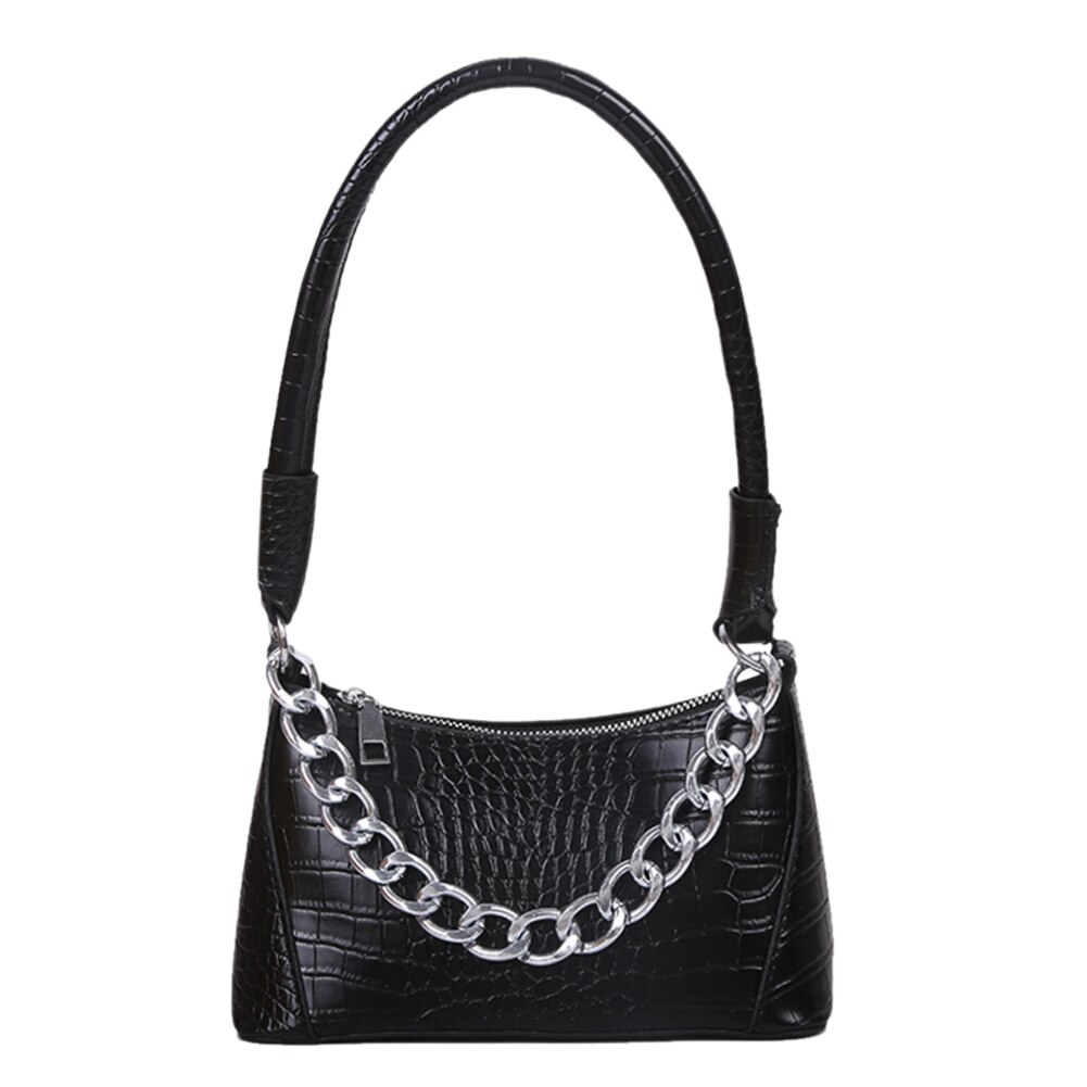 Dikke ketting kleine pu leren schoudertassen voor dames, handtassen met krokodillenmotief voor reizen: Zwart
