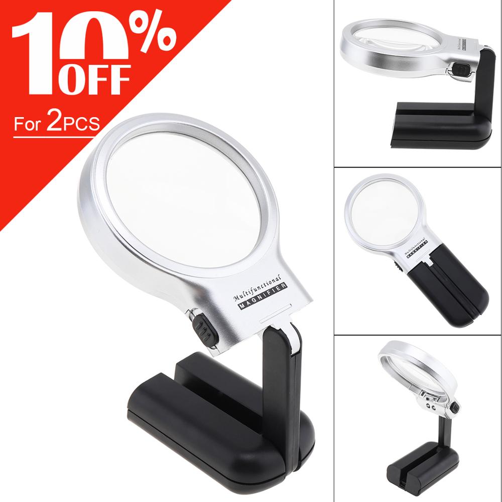 3 in 1 Multifunktionale Stand Lupe Handheld 3X Lupe Einstellbare Winkel Lupe Optische Objektiv Werkzeug mit 2 Led-leuchten