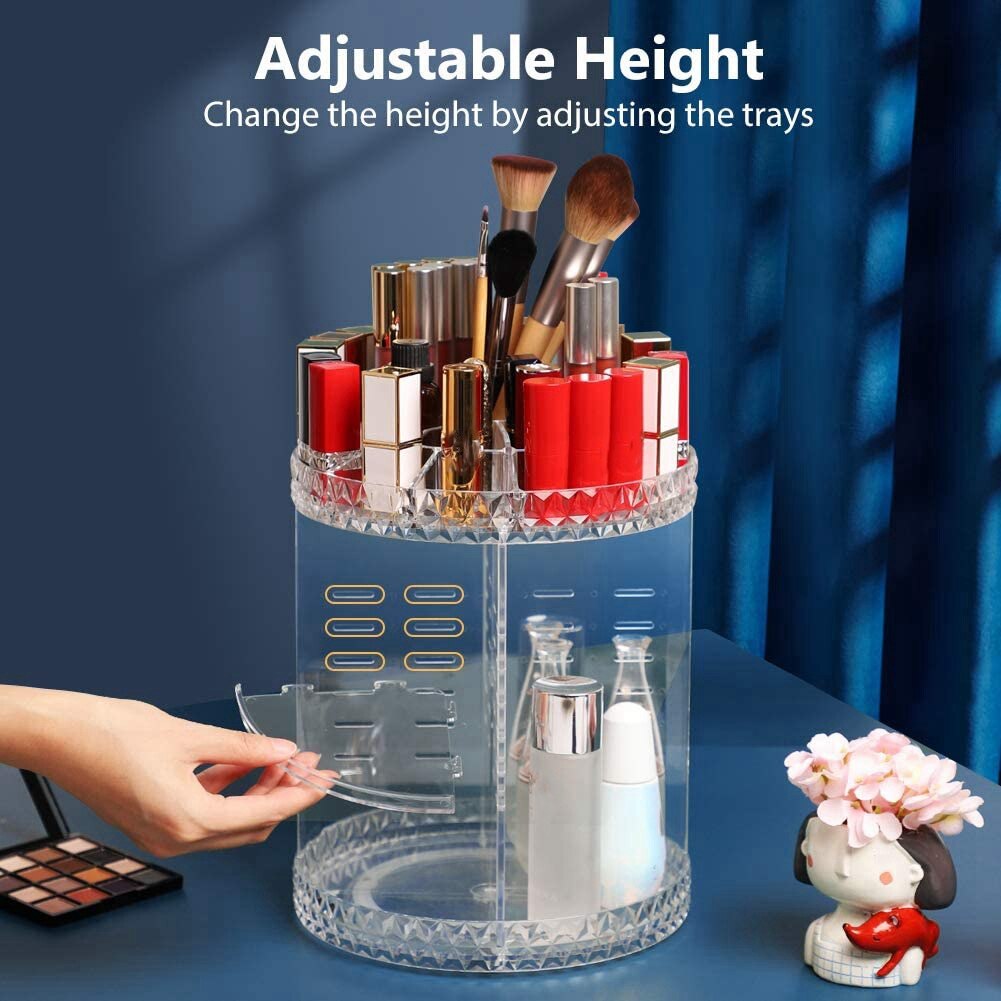 Makeup organizer 360 roterande, gör-det-själv justerbar badrumssminkkarusell spinnhållare, förvaringslåda med stor kapacitet