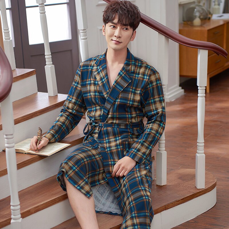 Chinese Style Spring Autumn Mens Bath Robe Long-sleeve Pure Cotton Pajamas for Men Bathrobe Male Kimono Dressing Gowns Sleepwear
