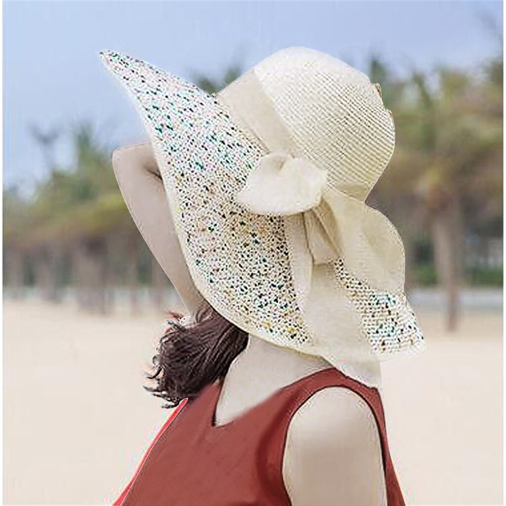 Chapeau de soleil en paille Beige à large bord pour femmes, nouvelle , pliable, plage, Beige, respirant, plein air, Gorros