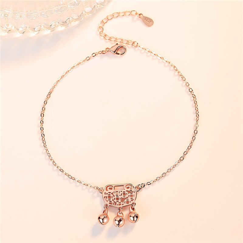 Trendy Lady Silver 925 Anklets For Women Jewelry Safety Lock Female Rose Gold Bell Anklet For Girls Princess