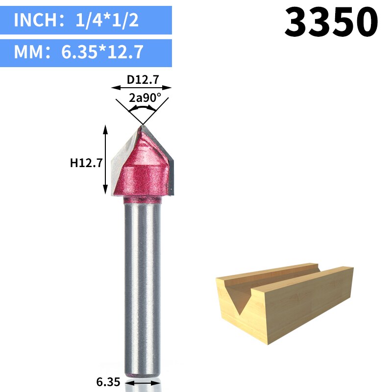 HUHAO 1 Uds 1/2 "1/4" vástago fresas de enrutador de grado Industrial para madera 90 Deg V tipo ranurado cortador de tungsteno herramienta de tallado de carpintería: 3350