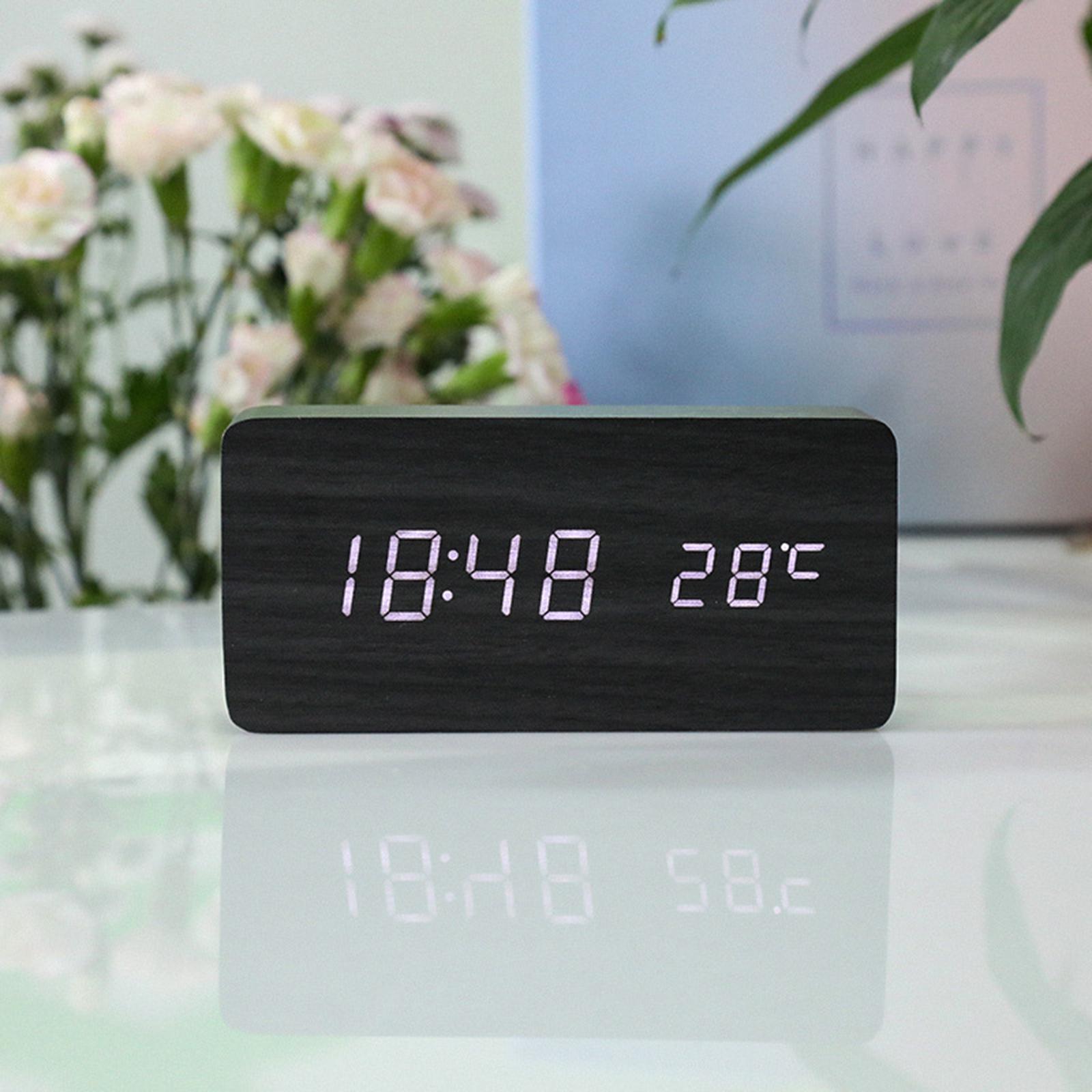 Large Digital Alarm Clock Battery Powered/USB Temperature Date Display Thermometer 3 Alarm Setting Wooden LED for Tabletop Kids