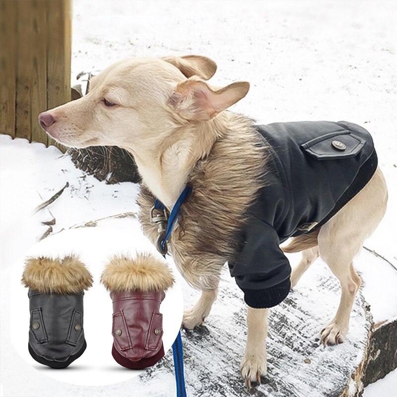 Ropa de lujo para perro, abrigo de invierno de cuero PU, cuello de piel sintética, ropa cálida a la para mascotas pequeñas, Bulldog Francés, 2022