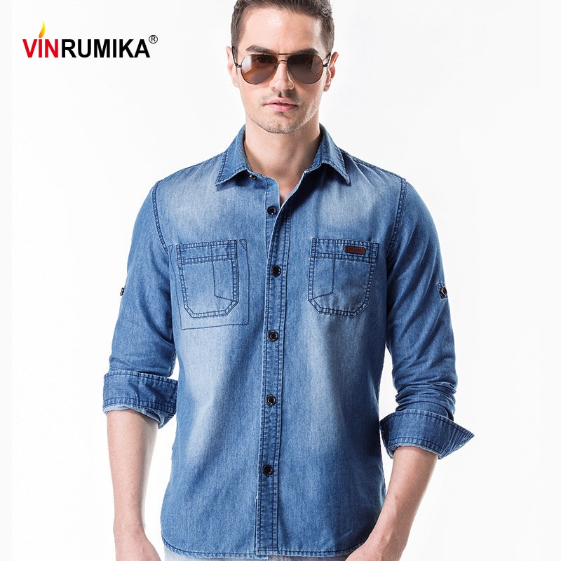 Vår europeisk herr casual stil cowboy svart skjorta man höst 100%  bomull klassisk denim blå långärmade skjortor