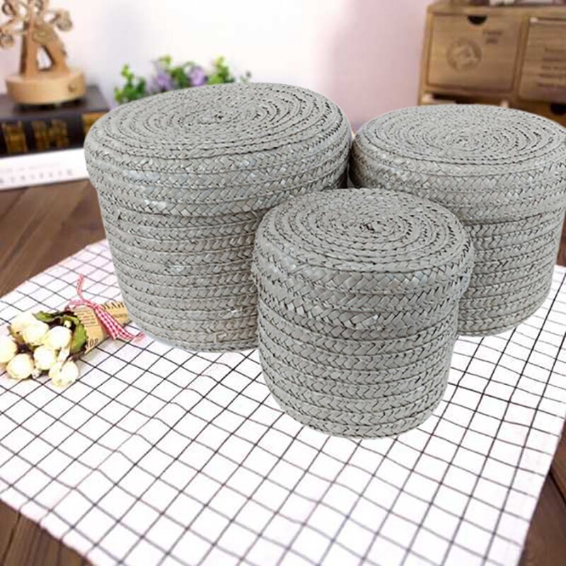 3 sztuk/zestaw ręcznie słomy pleciony koszyk z pokrywką przekąska organizator schowek kosze na pranie pojemnik ratanowy kwiat Baske: szary