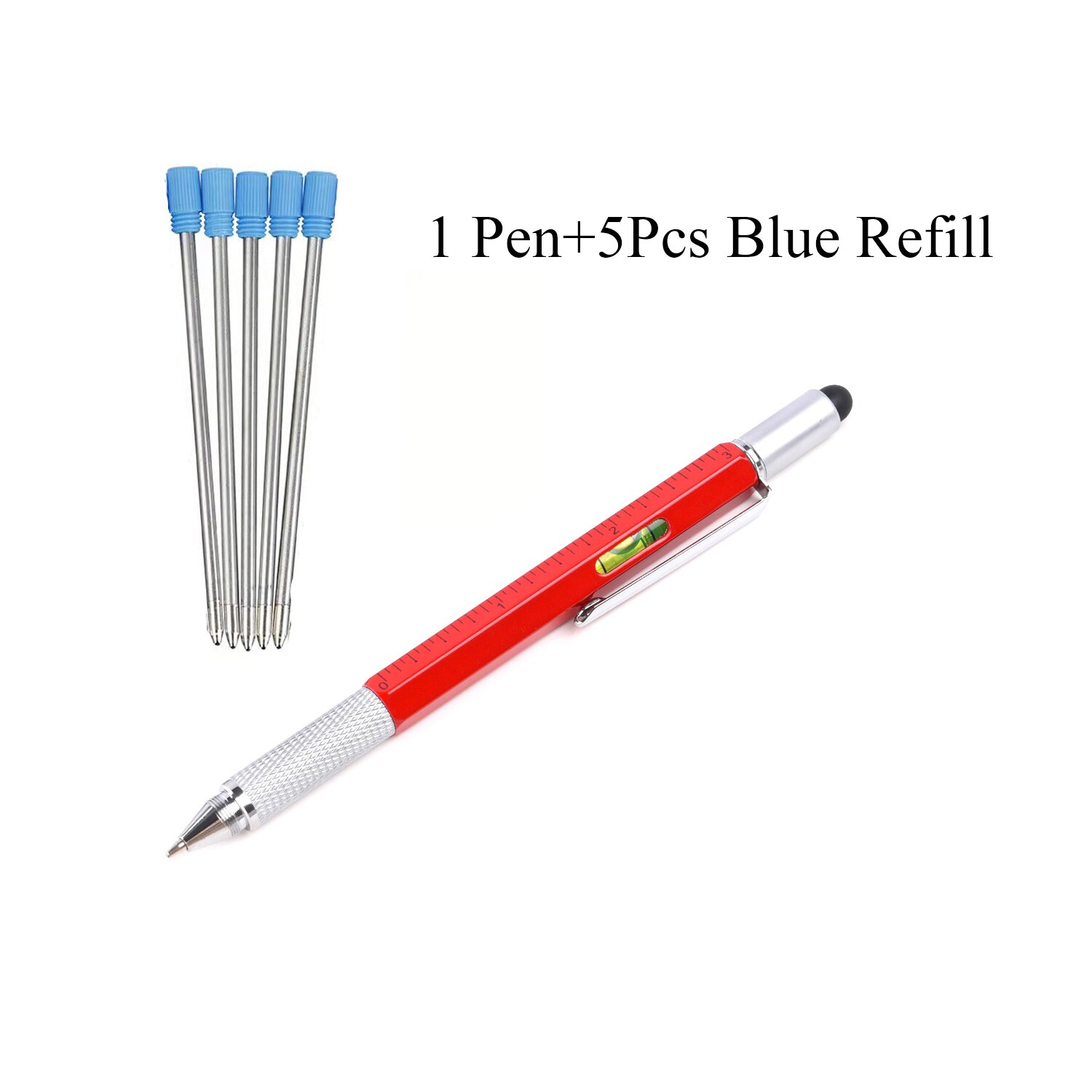 7 In1 Multifunction Handheld Screwdriver Tool Ballpoint Pen Measure Technical Ruler Screwdriver Touch Screen Stylus Spirit Level: Red With 5PCS Blue