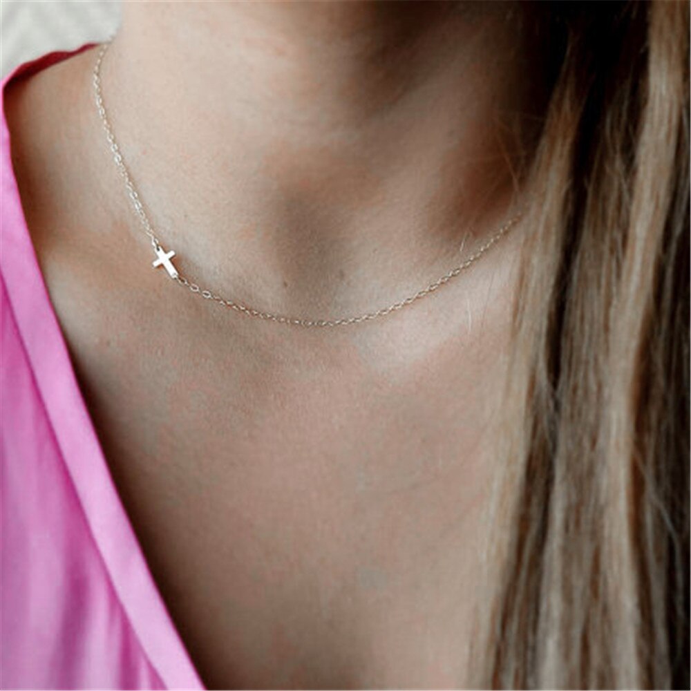 Vrouwen Gold Sideways Cross Ketting Tiny cross Celebrity Gold/Sliver Gevuld Ketting choker Ketting Collier Sieraden bijoux