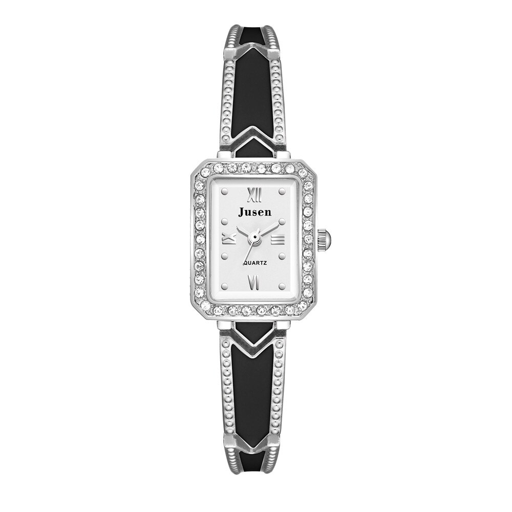 Rechthoekige dameshorloges met diamant, luxe roestvrijstalen dameshorloge met quartzhorloge, kwaliteiten, roma wijzerplaat, dameshorloge: Zilverzwart