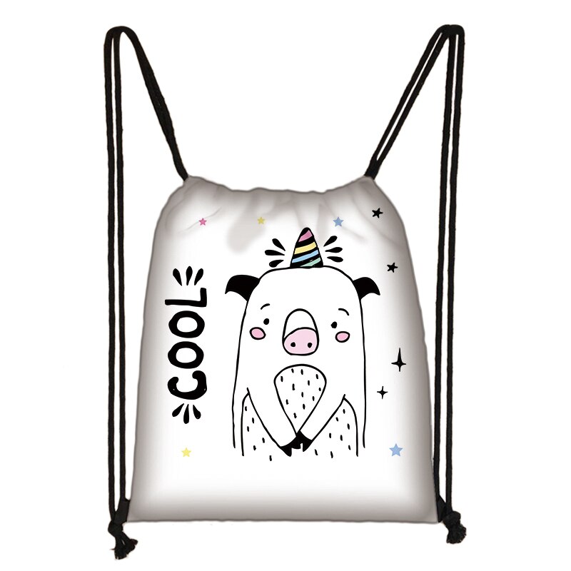 Cartoon Pig Print Drawstring Bag Women Travel Bag Teenager School Bag Brown Girl And Boy Backpack Female Storage Bags L1