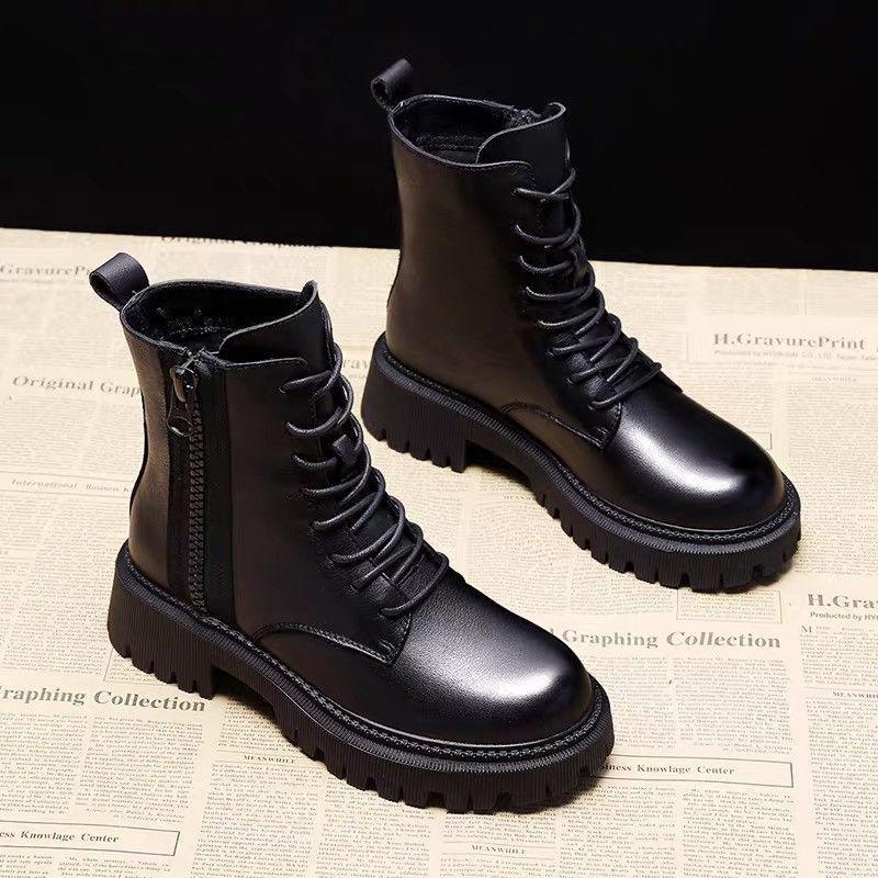 Bottes martin à semelles épaisses pour femme, chaussures courtes de Style britannique, en coton et velours, hiver: Black single / 40