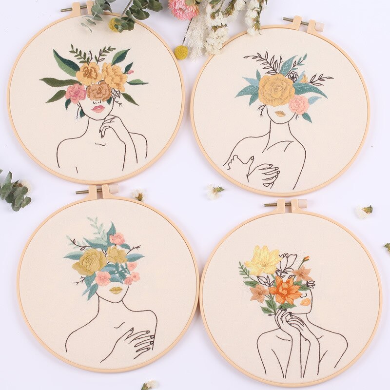 Flower Girl DIY Embroidery Start Kit with Hoop for Beginner Pattern Printed Figure Cross Stitch Sewing Art Craft