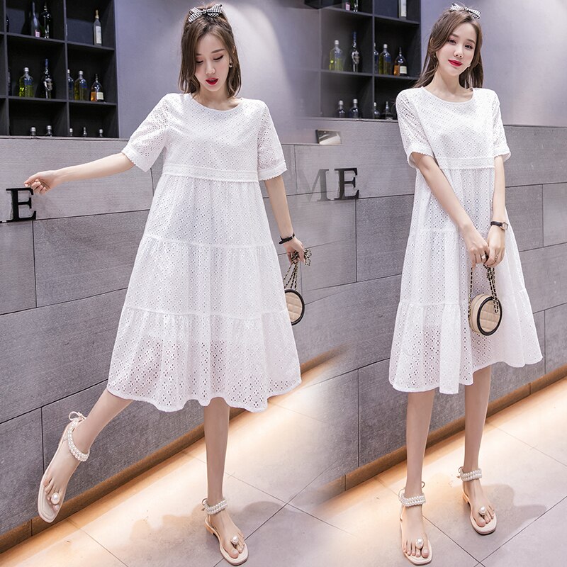 1730# Summer Chic Ins Cotton Lace Maternity Long Dress Hollow Out White Clothes for Pregnant Women Pregnancy Dress