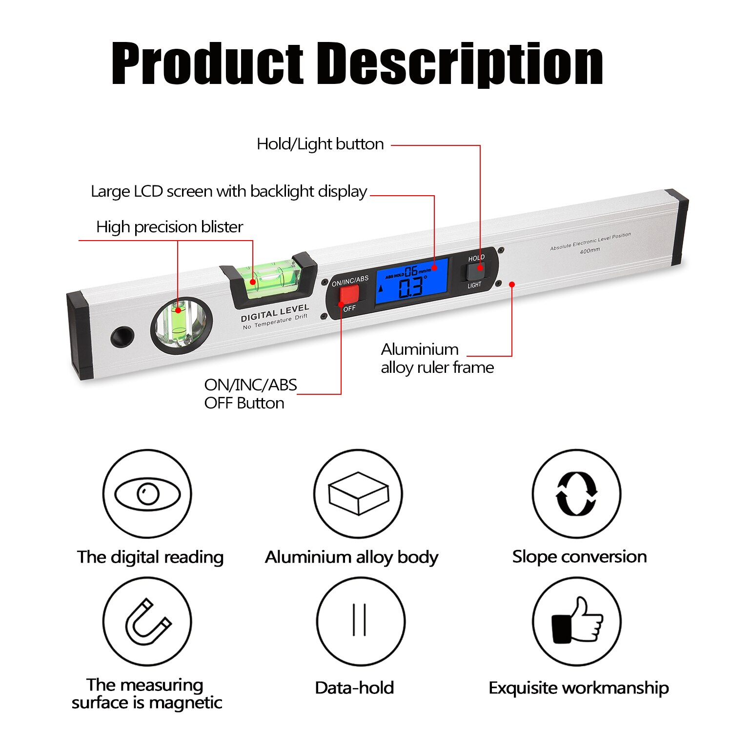 400mm Protractor Angle Finder Electronic Level 360 Degree Inclinometer with Magnets Level Angle Slope Ruler Digital Spirit Level