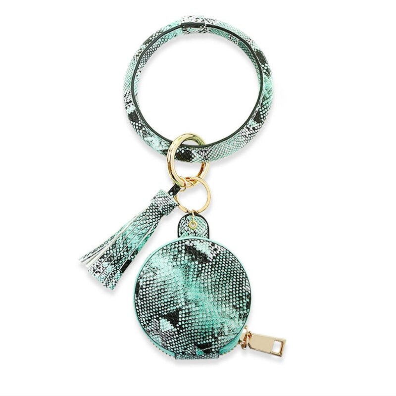 Vrouwen Oordopjes Sleutelhanger Armband Tas Lederen Polsbandje Cirkel Sleutelhanger Bangle Koptelefoon Kwastje Mini Portemonnee Met Make-Up Spiegel: Snake Green