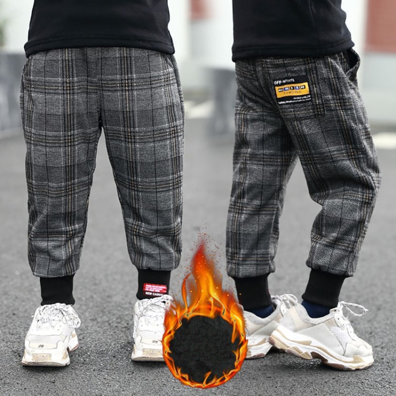 Boys Winter Thick Plaid Pants Casual Label Pants For Boys Fashionable Loose Pants Kids Velvet Long Pants Children Trousers 2-10Y