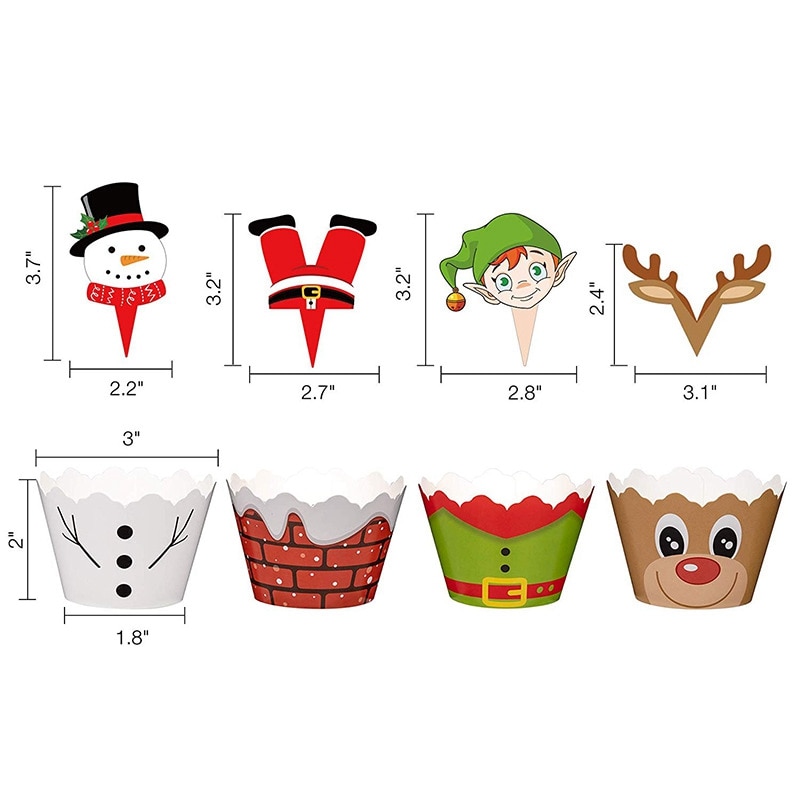 Père noël bonhomme de neige Elk Cupcakes 12 pièces emballage + 12 pièces Toppers pour le nouvel an joyeux noël fête enfants faveur Cupcakes décoration