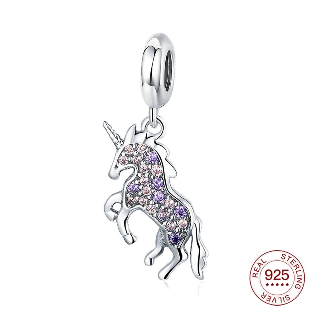 Echt 925 Sterling Silber charme Einhorn Baumeln charme Funkelnden CZ anhänger passen Original 3MM Halskette für frauen