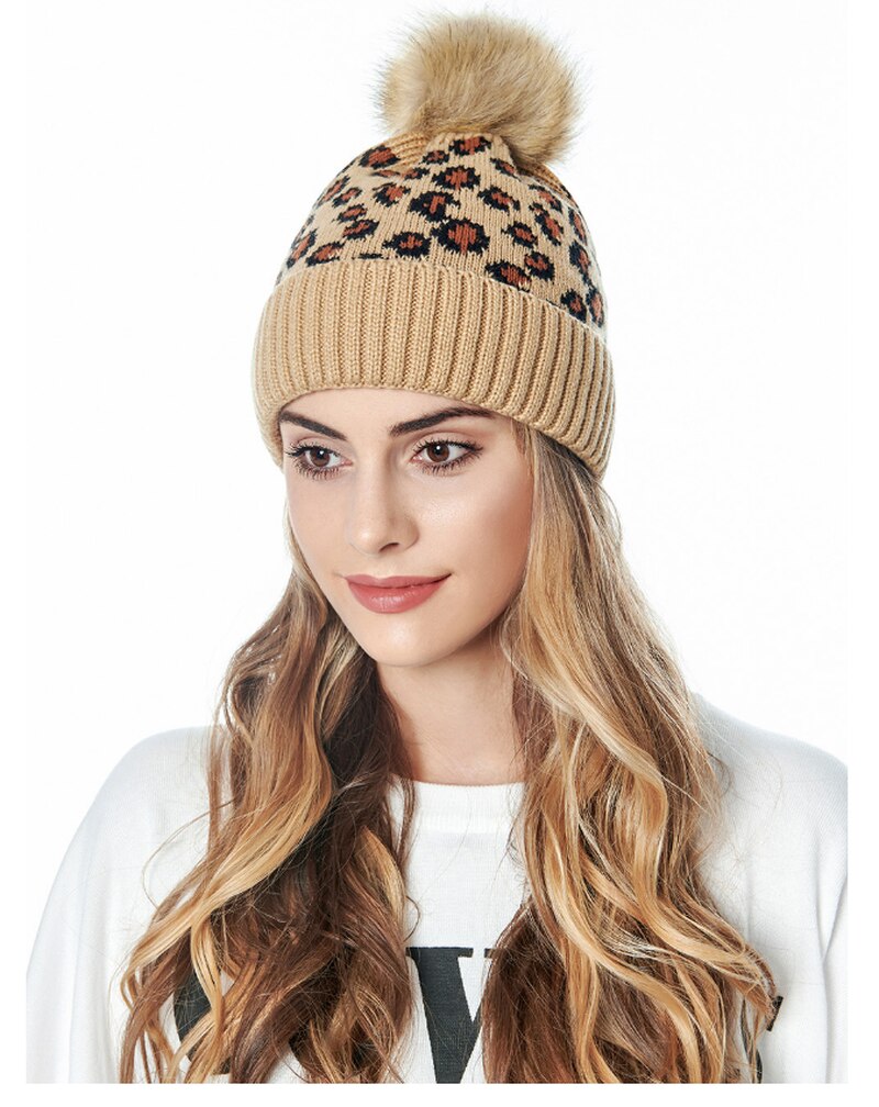 Herfst winter luipaard print wol gebreide muts warme oversized haarbal dikke warme muts pompon