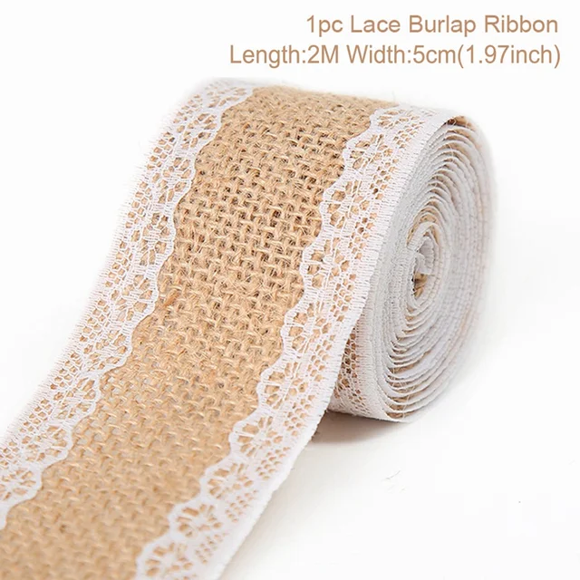 Cinta de encaje de arpillera de yute Natural de 2 metros y 5cm con borde de encaje blanco, decoración rústica de boda para boda, cintas artesanales con lazo DIY: Latón