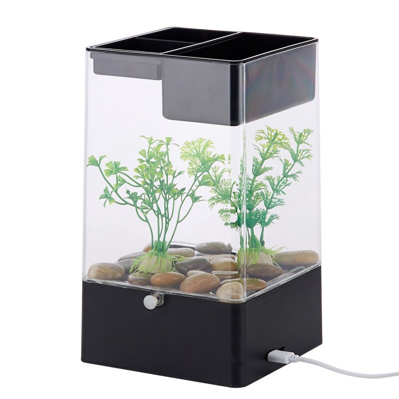 Mini acuario de plástico acrílico USB, pecera con LED portátil Betta, pecera, suministros para mascotas acuáticas para decoración de interiores y oficina