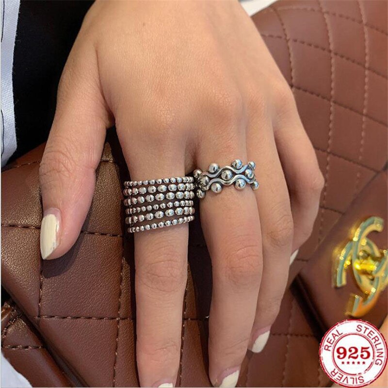 Yikuf88 s925 anel de prata esterlina feminino estilo étnico retro arranjado contas de prata anel aberto multi-camada punk hip-hop anel