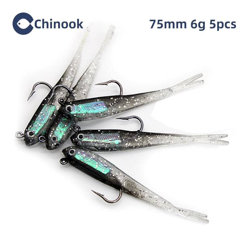 Chinook 5 uds señuelo cebo suave cola de tenedor de pescado blando con o sin gancho Fluke Swimbaits Jerkbaits cebo de silicona para peces aparejos de pesca: 80 mm / YELLOW