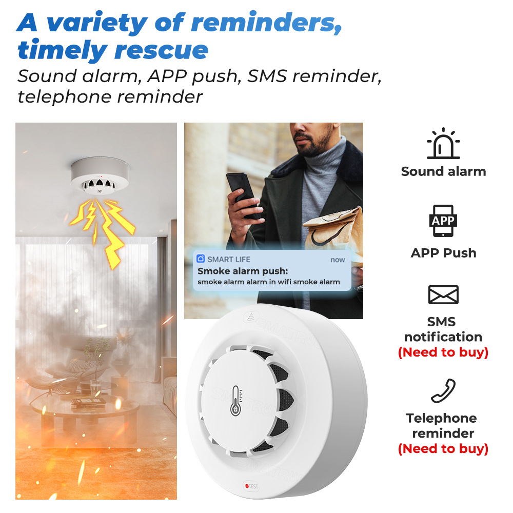 Tuya Wifi capteur de fumée alarme 80DB détecteur intelligent de température et d'humidité d'incendie Protection de sécurité Alexa Google Home vie intelligente