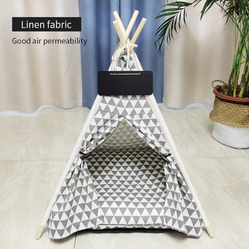 Casa tipi portátil para mascotas, tienda de campaña con cojín grueso y pizarra para interiores, casas modernas para cachorros y gatitos: linen 01