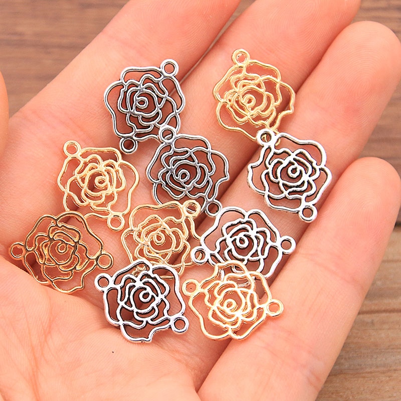 40Pcs 2 Kleur 13*16Mm Kc Goud Papier Rose Charms Plant Connector Metaallegering Diy Ketting Armband handwerk Markering Bevindingen