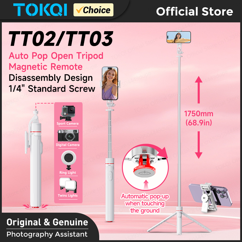 TOKQI TT02/TT03 trípode para palo de Selfie soporte para teléfono móvil trípode emergente automático interfaz de 1/4 'para disparo de cámara de acción de teléfono móvil