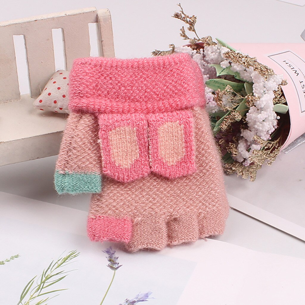 Guantes de invierno de medio Dedo de los niños de dibujos animados guantes de punto de los niños guantes de invierno #4: Khaki 