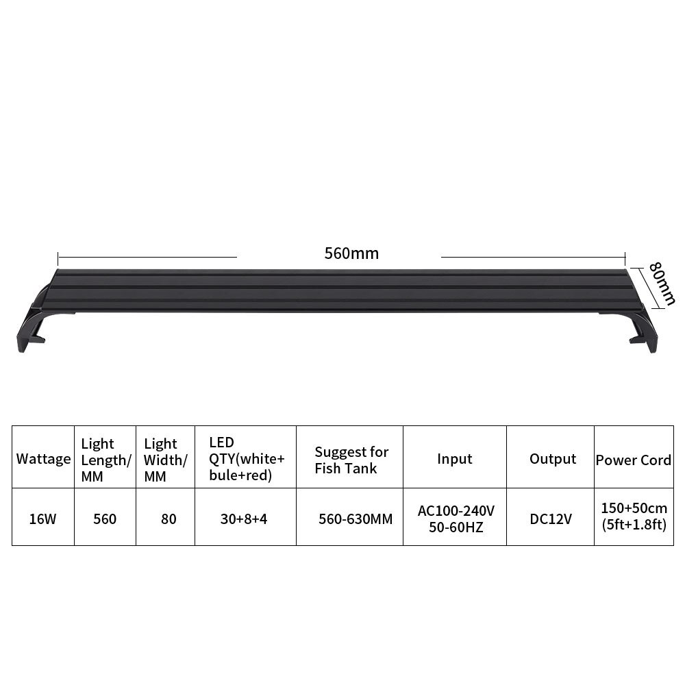 AC 110V-240V Full Spectrum Planted Aquarium LED Lighting 20-63cm Fish Tank Light External Controller With Extendable Brackets: SZD-D600